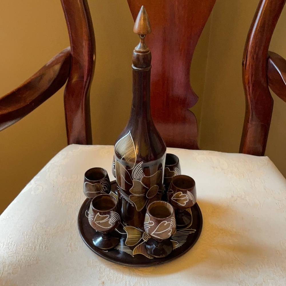 Vintage MCM turned wood hand made, hand painted saki, beverage set